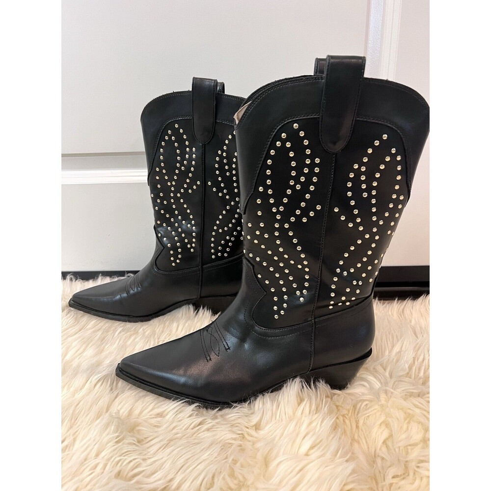 Zara Black faux Leather Studded Ankle Western Booties Size US 9  EUR 40 - Picture 10 of 13